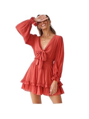 Hello Molly  Lost Somebody Gauze Long Sleeve Mini Dress Sz S/4 Front Tie Ruffles